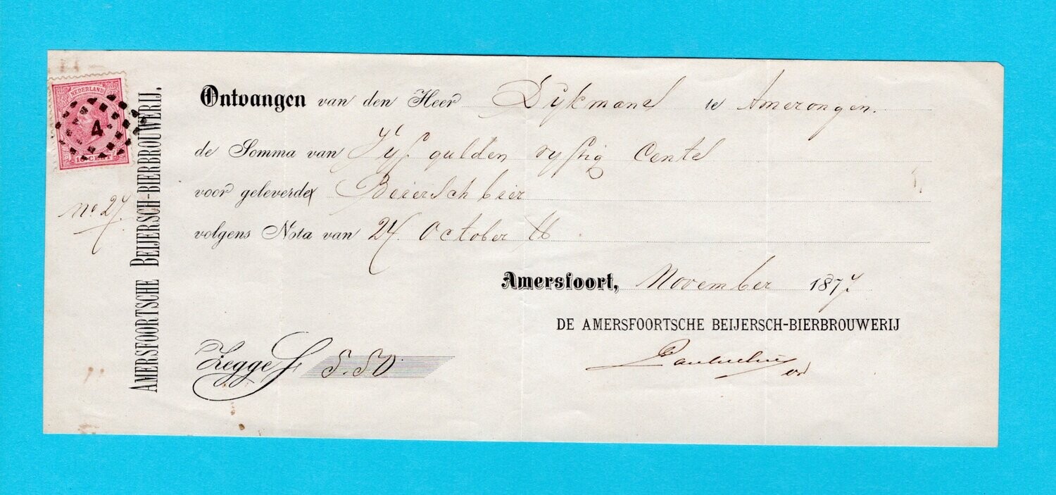 NEDERLAND rekening 1877 Amersfoortsche Bierbrouwerij