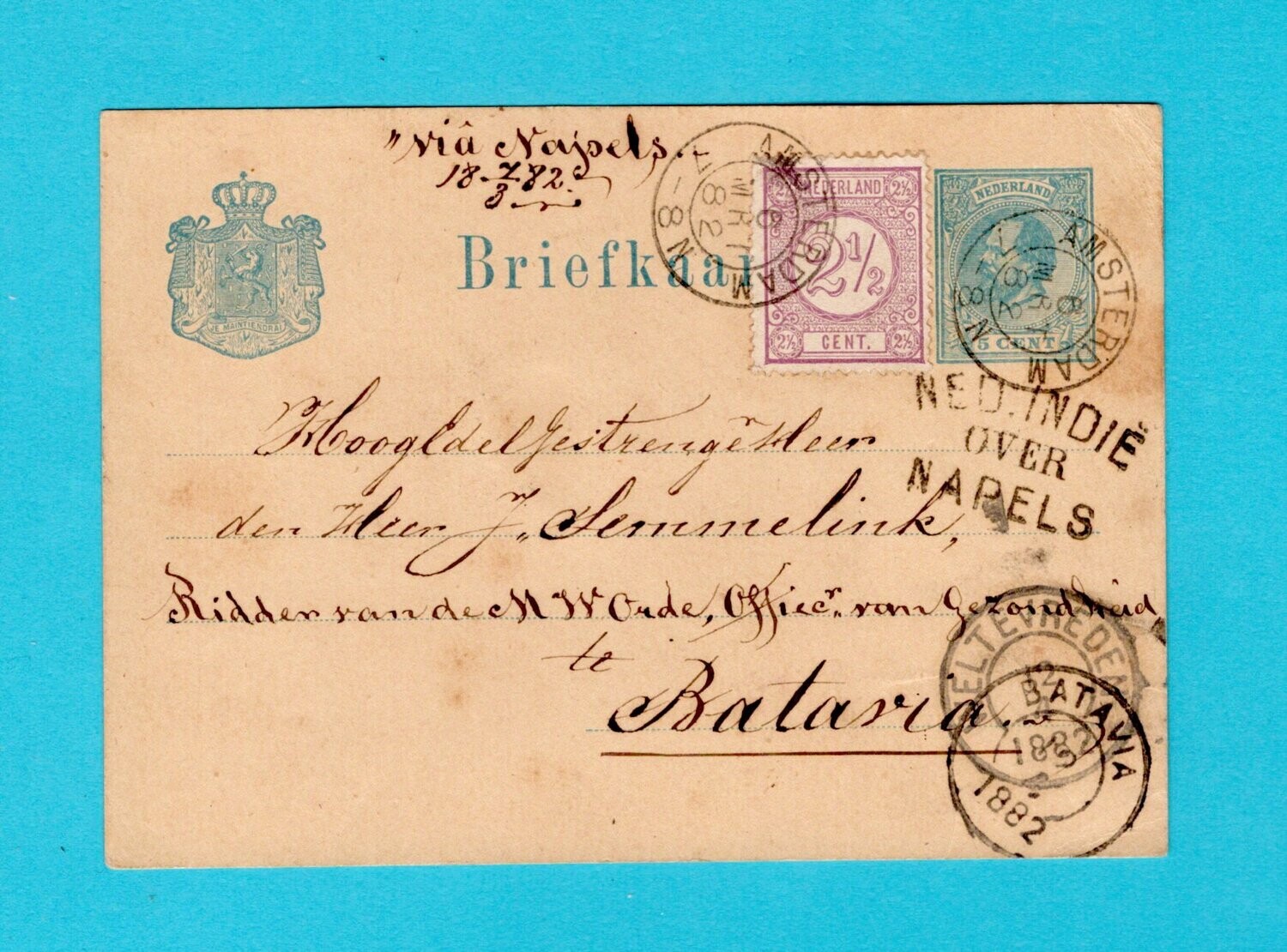 NEDERLAND briefkaart 1882 Amsterdam routestempel naar Indië