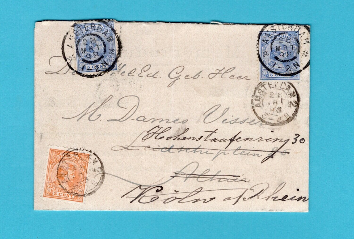 NEDERLAND lokale brief 1898 Amsterdam bijgefrankeerd Duitsland