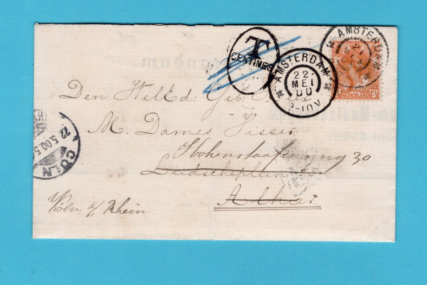 NEDERLAND lokale brief 1900 Amsterdam doorgezonden en beport