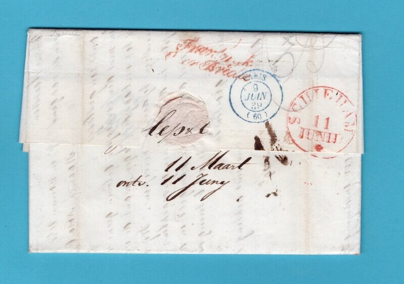 BRAZIL entire 1839 RdJ to Schiedam with "Frankrijk over Brielle"