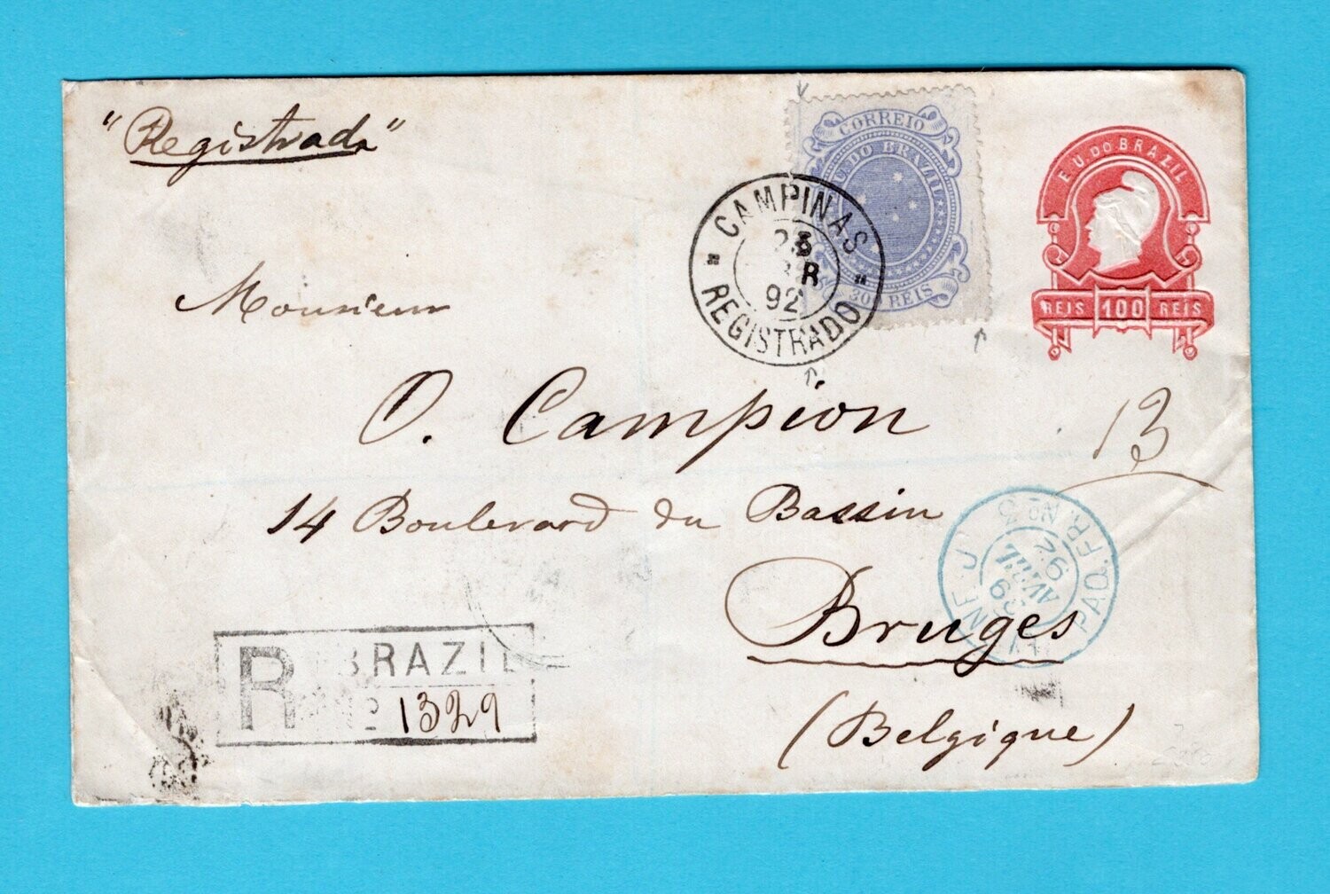 BRAZIL R postal envelope 1892 Campinas to Bruges, Belgium