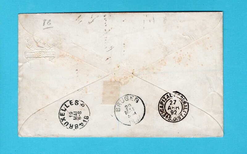 BRAZIL R postal envelope 1892 Campinas to Bruges, Belgium