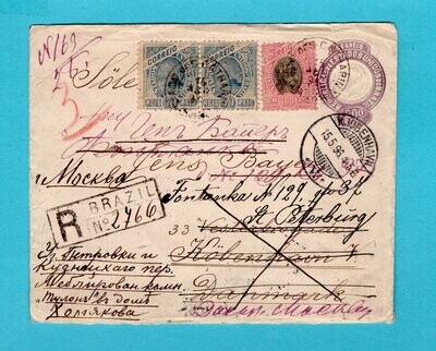 BRAZIL R postal envelope 1896 to Denmark forwarded Russia