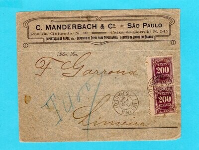 BRAZIL cover 1905 with postage due Limeira and ambulant on back