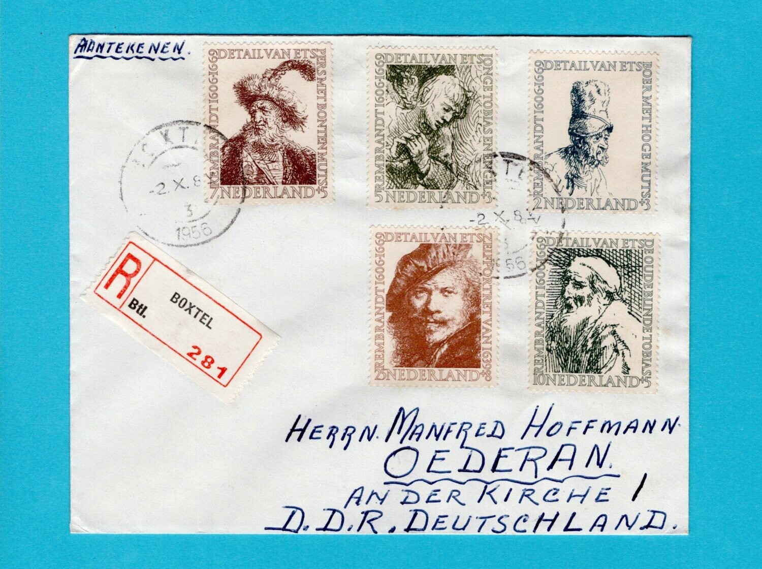 NEDERLAND R brief 1956 Boxtel met set Rembrandt zegels
