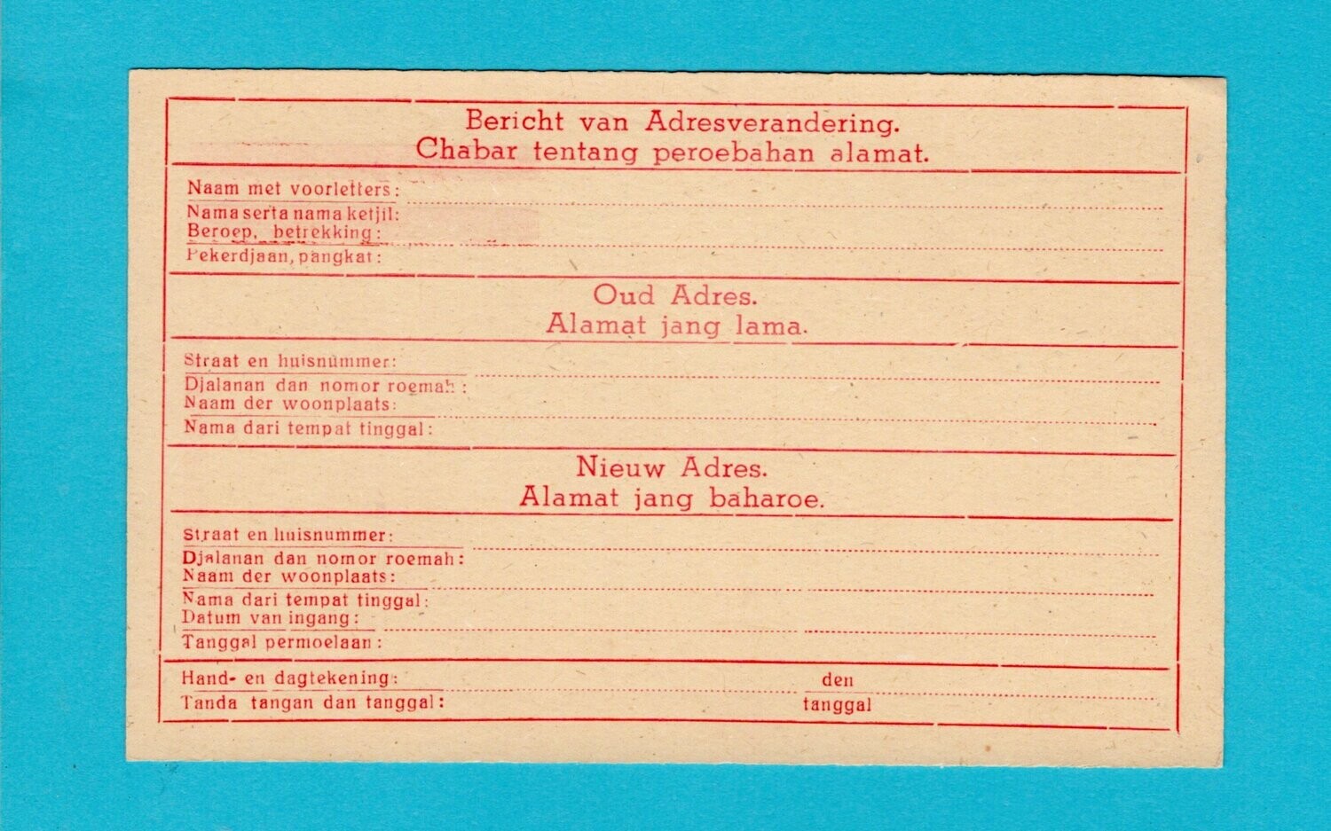 NETHERLANDS EAST INDIES moving card on re-used fieldpost card **