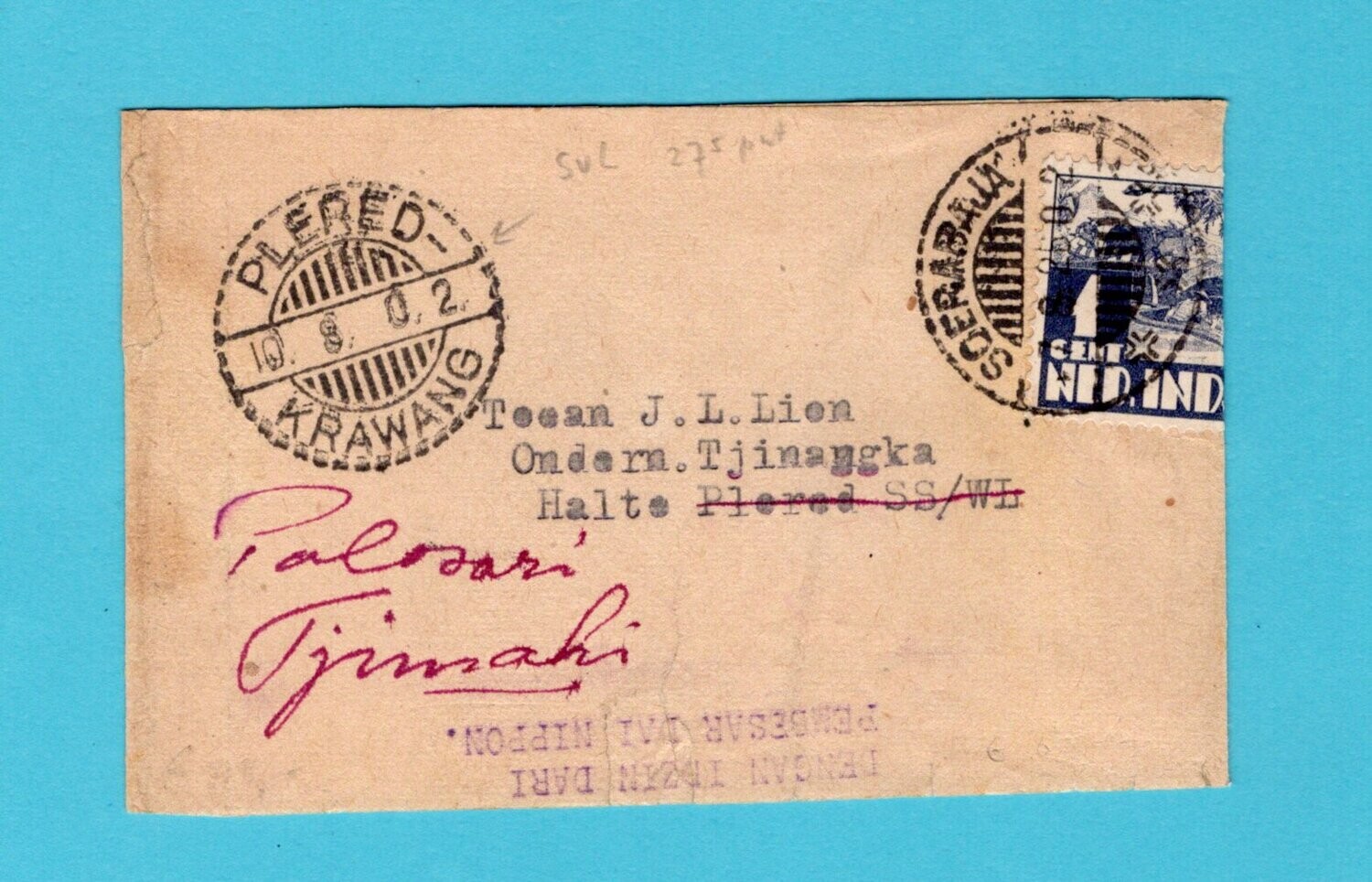 NETHERLANDS EAST INDIES wrapper 1942 Soerabaja to Plered-Krawang