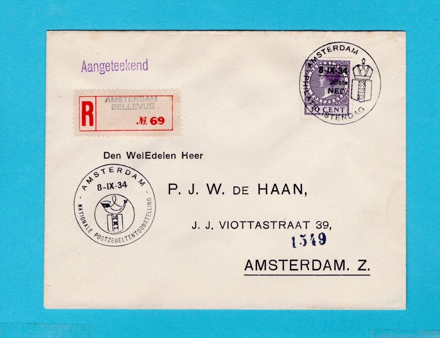 NEDERLAND R brief Amsterdam Bellevue 1934 Philatelisten dag