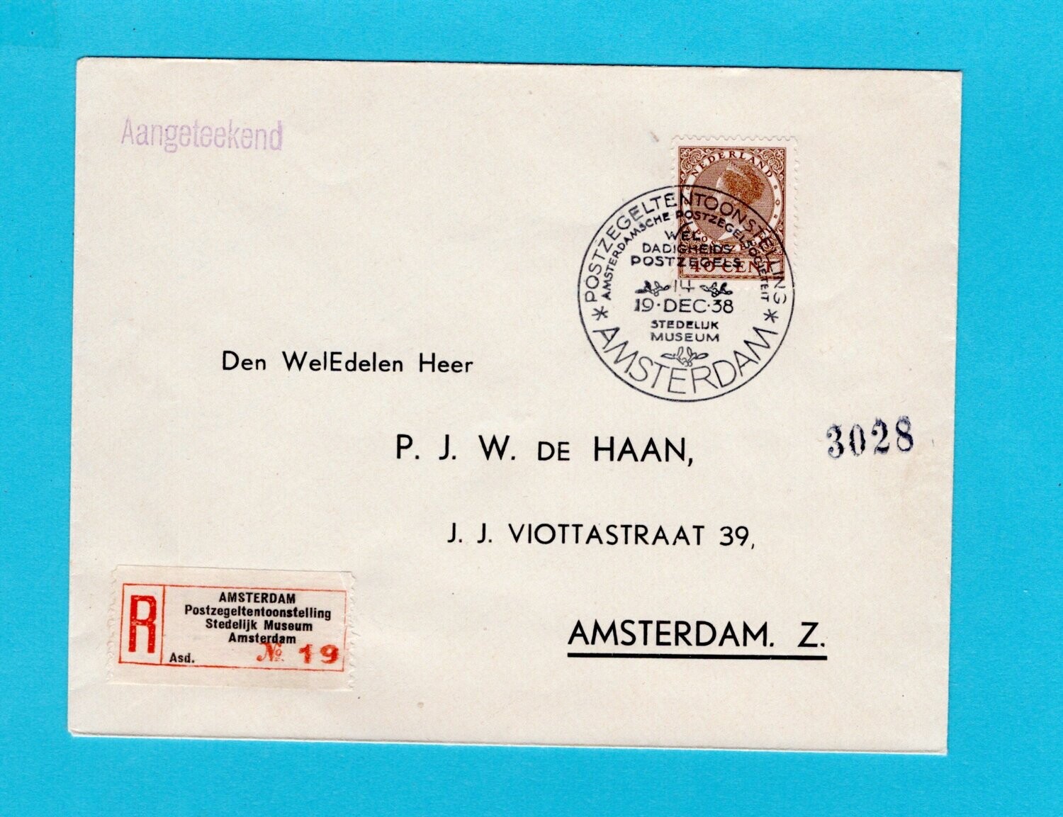 NEDERLAND R brief 1938 Amsterdam Postzegel tentoonstelling