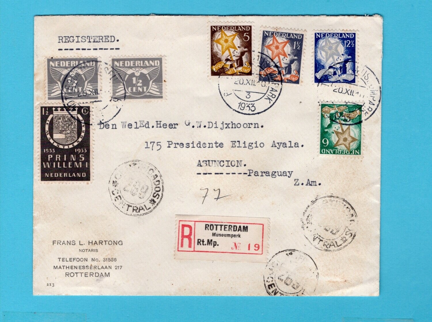 NEDERLAND R brief 1933 Rotterdam naar Paraguay