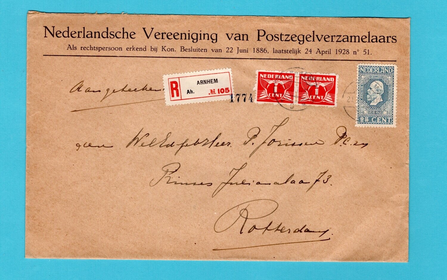 NEDERLAND R brief 1930 Arnhem naar Rotterdam