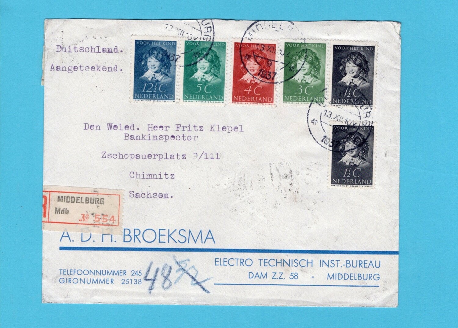 NEDERLAND R brief 1937 Middelburg naar Duitsland met censuur