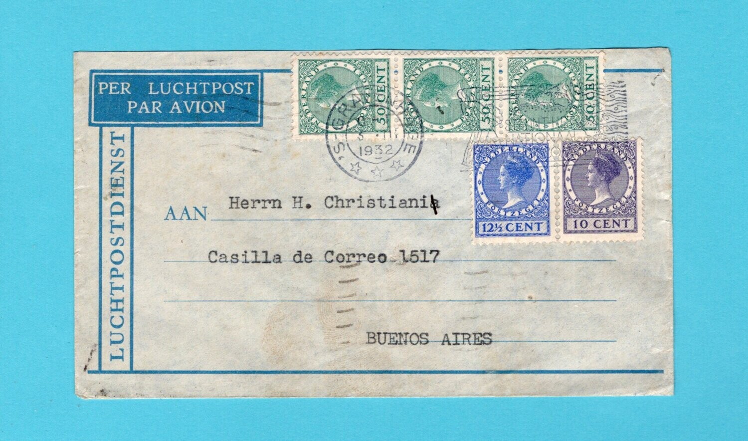 NEDERLAND luchtpost brief 1932 's Gravenhage naar Argentinië