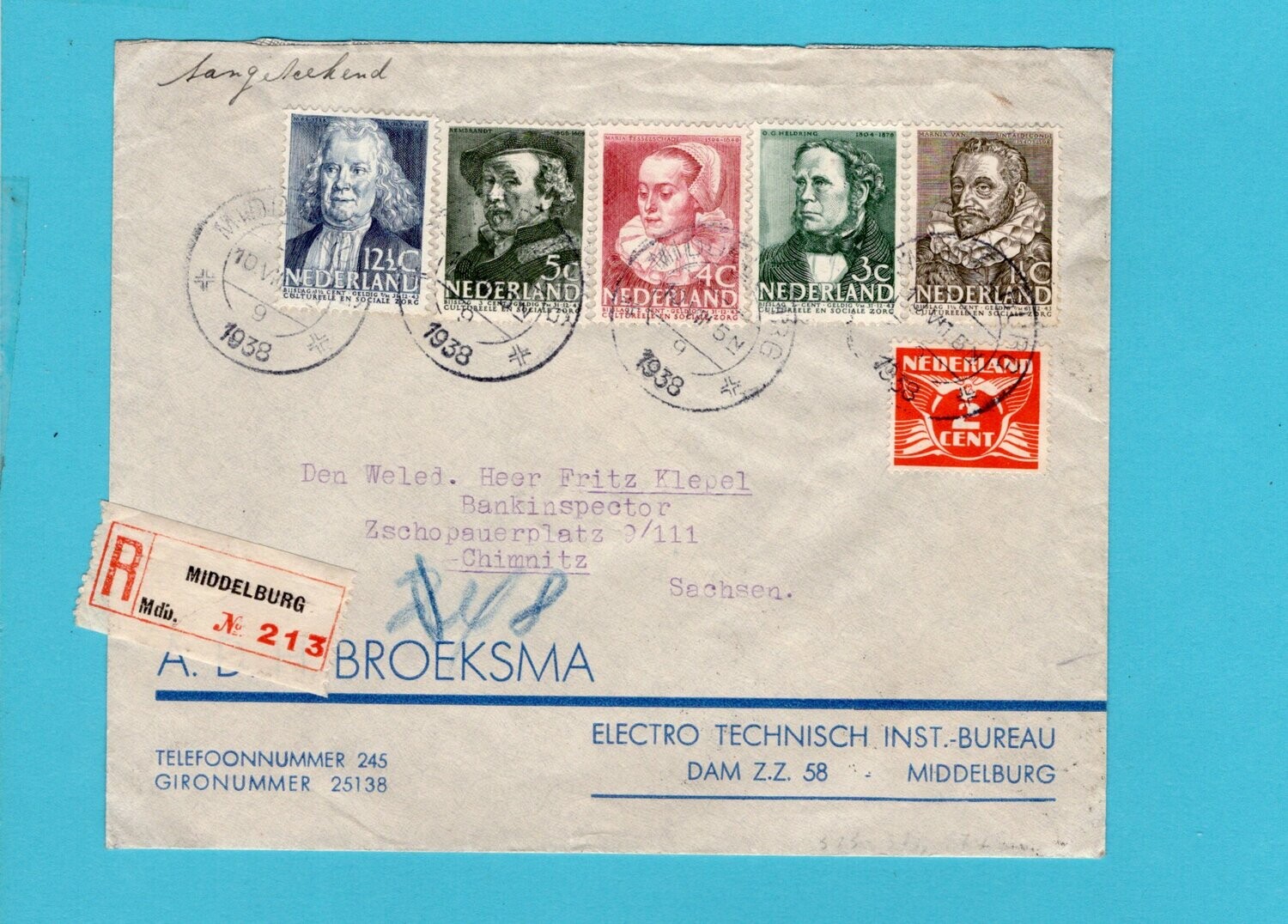 NEDERLAND R brief 1938 Middelburg naar Duitsland