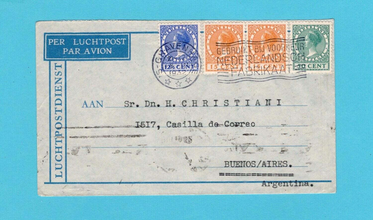NEDERLAND luchtpost brief 1932 &#39;s Gravenhage naar Argentinië
