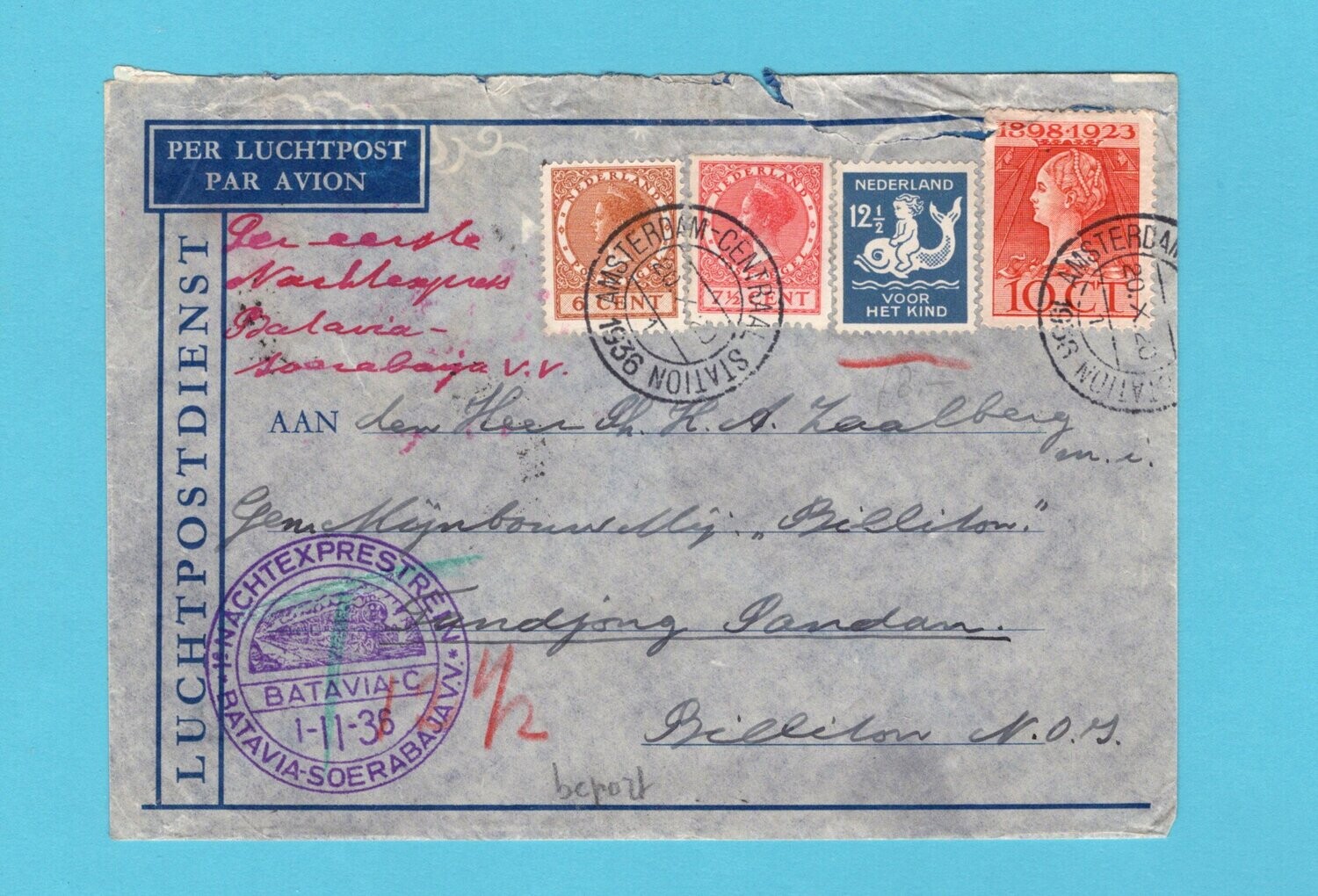 NEDERLAND lp brief 1936 Amsterdam naar Indië voor nachttrein