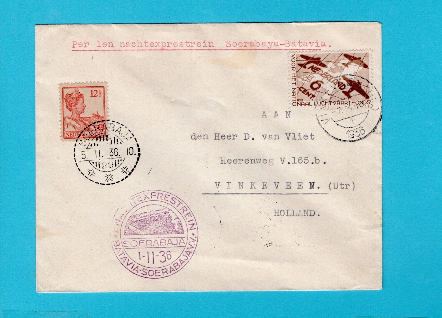 NEDERLAND brief 1936 Vinkeveen naar Indië voor nachtexpres trein