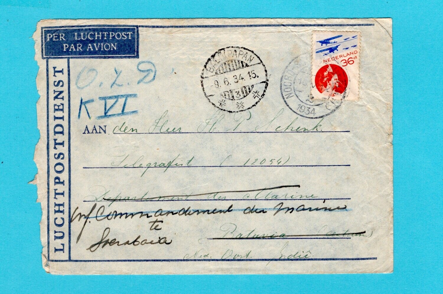 NEDERLAND lp brief 1934 Noord Scharwoude naar Onderzeeër K-VI