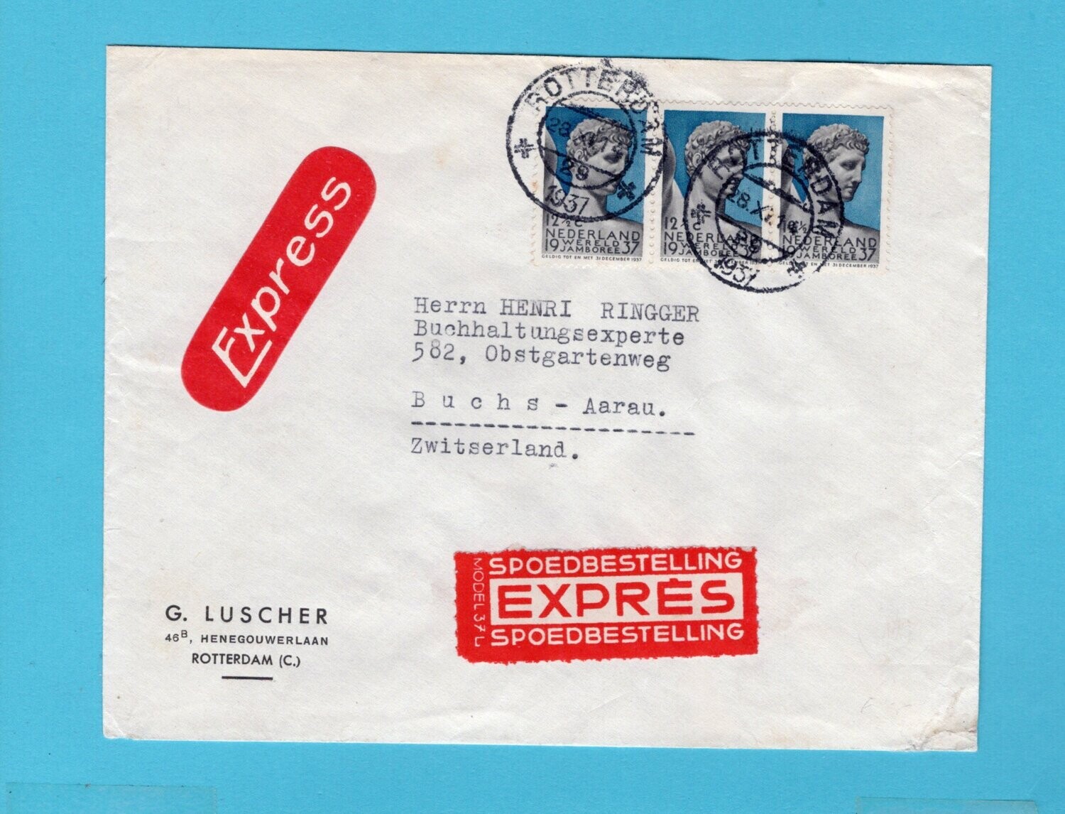 NEDERLAND expres brief 1937 Rotterdam Jamboree frankering