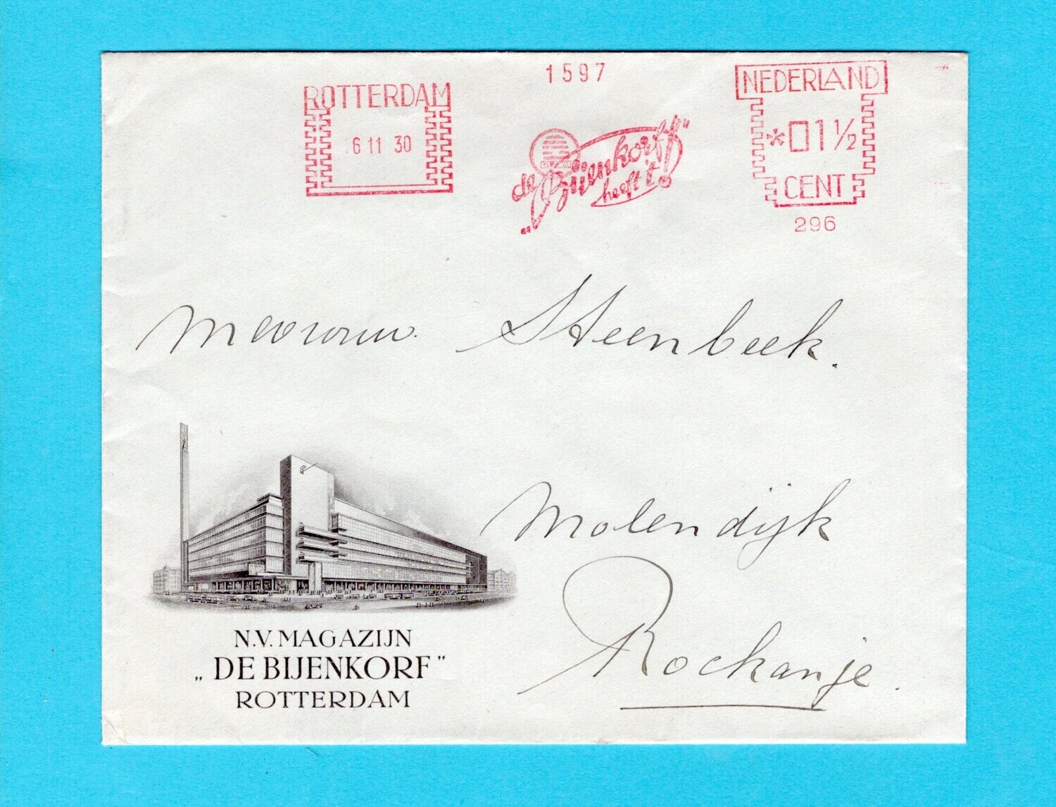 NEDERLAND Bijenkorf brief 1930 Rotterdam roodfrankering