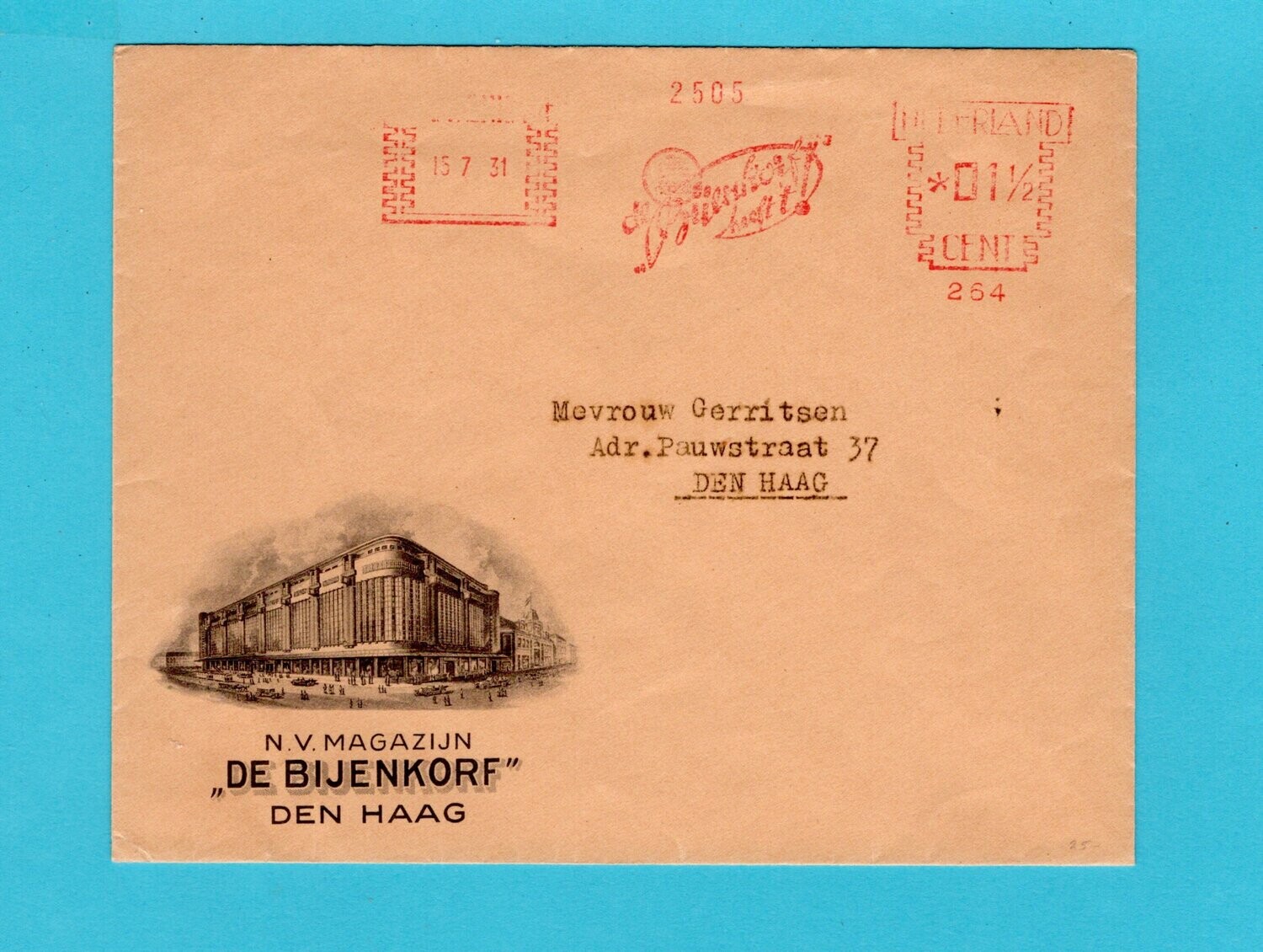 NEDERLAND brief 1931 &#39;s Gravenhage &quot;de Bijenkorf&quot; roodfrankering