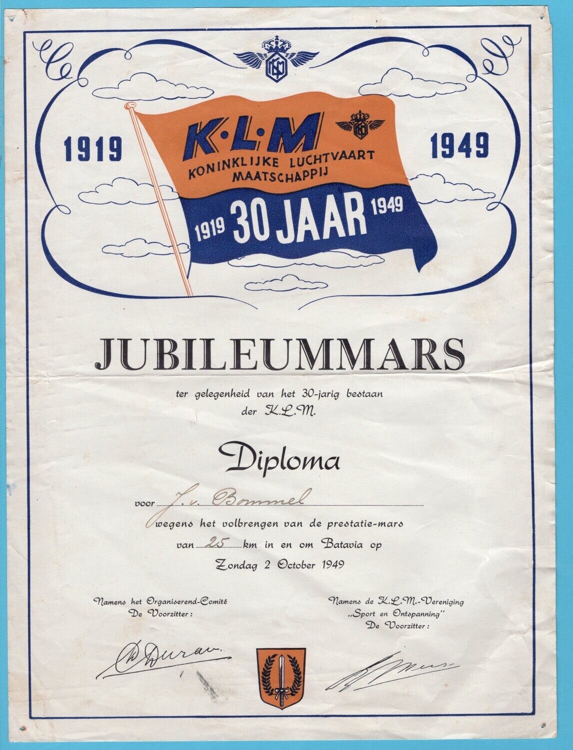 KLM poster 1949 Jubilee march 30 years Batavia Dutch East Indies