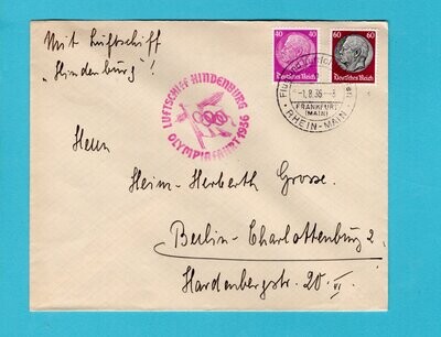 GERMANY zeppelin cover 1936 Frankfurt Olympic flight Hindenburg