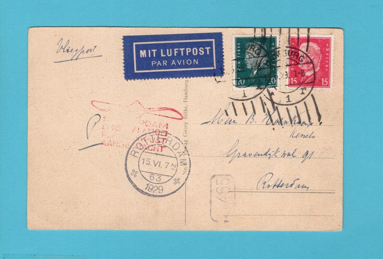 GERMANY air PPC 1929 Hamburg to Rotterdam propellar receiver