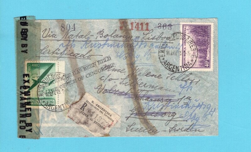 ARGENTINA R air cover 1945 to Sweden held by censor for 1 year