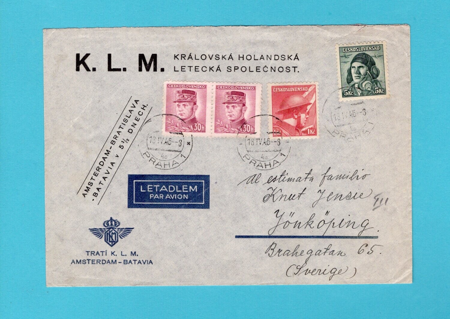 CZECHOSLOVAKIA KLM cover 1946 Prague to Sweden