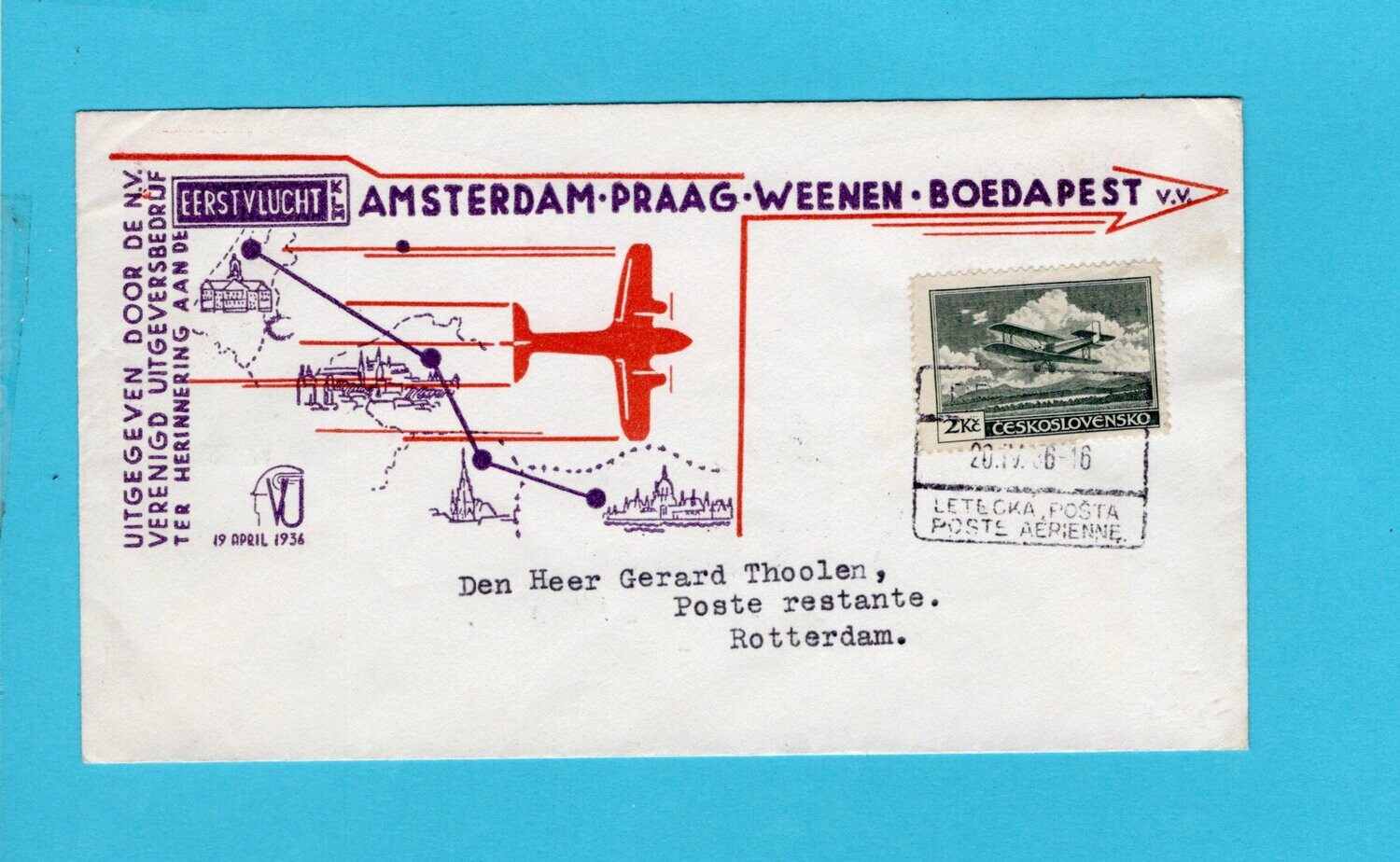 CZECHOSLOVAKIA first KLM flight 1936 Amsterdam-Prague-Budapest