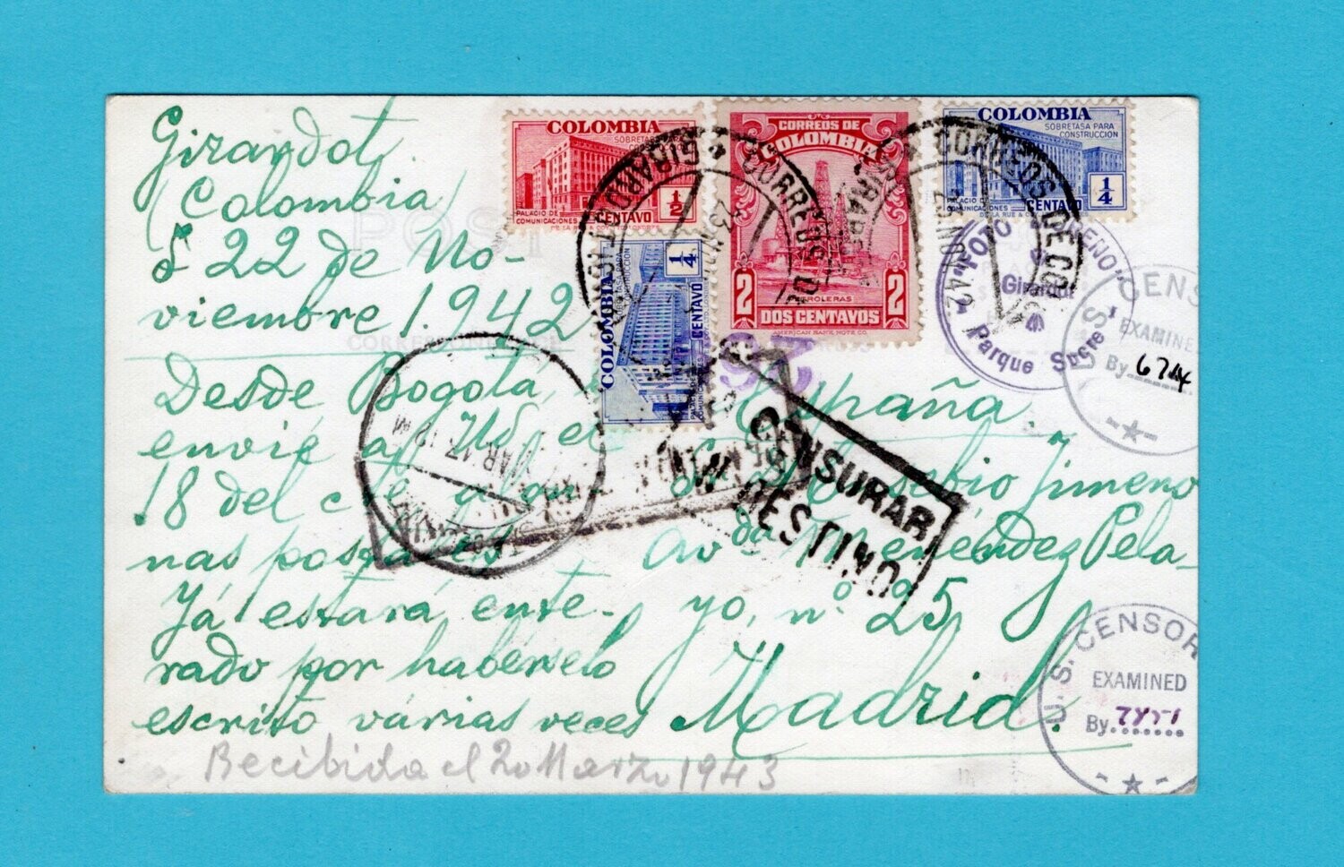COLOMBIA censored PPC 1942 Girardot to Spain