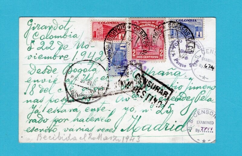 COLOMBIA censored PPC 1942 Girardot to Spain