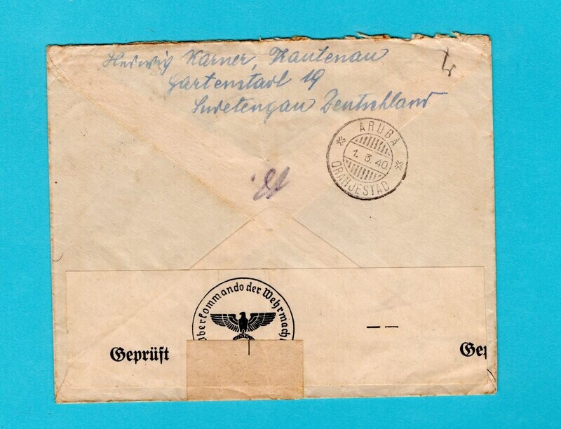 GERMANY LATI air censored cover 1940 Trautenau to Aruba