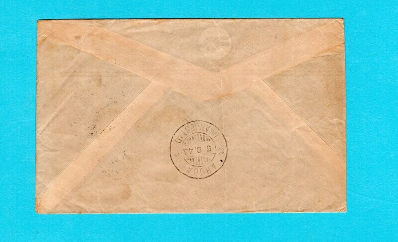 COLOMBIA censored air cover 1943 to Aruba