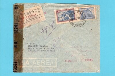 ARGENTINA R air censor cover 1943 to Aruba official mail