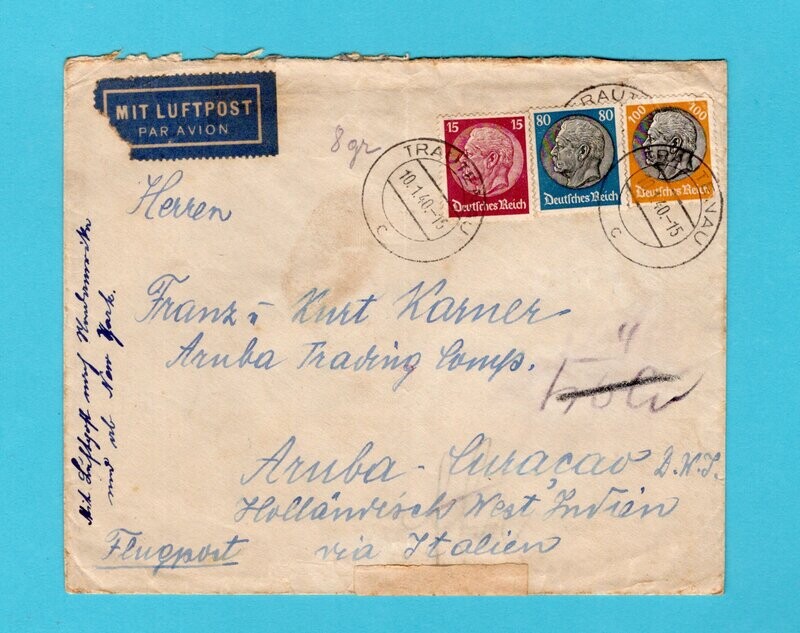 GERMANY LATI air censored cover 1940 Trautenau to Aruba