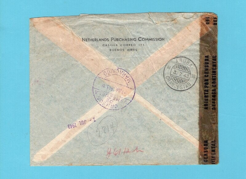 ARGENTINA R air censor cover 1943 to Aruba official mail
