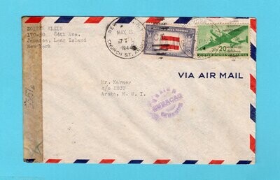 USA censored air cover 1944 NY to Aruba
