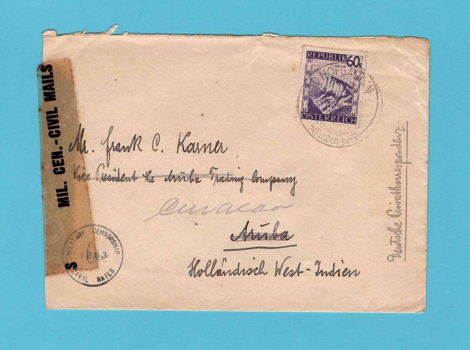 AUSTRIA censored cover 1946 Wien to Aruba