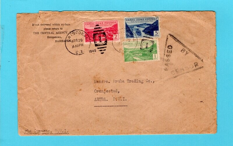 CANAL ZONE censored cover 1940 to Aruba