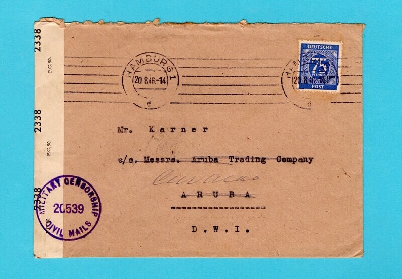 GERMANY censored cover 1946 Hamburg to Aruba