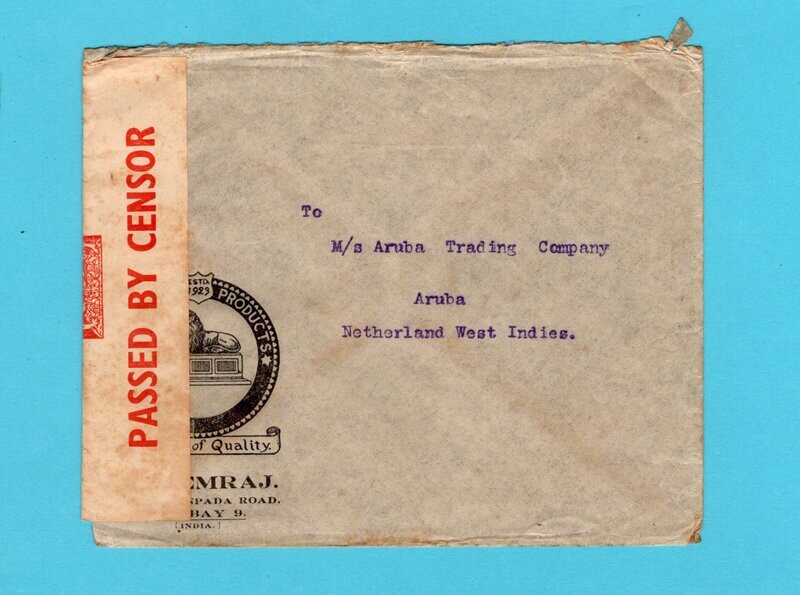 INDIA censored air cover 1940 Bombay to Aruba