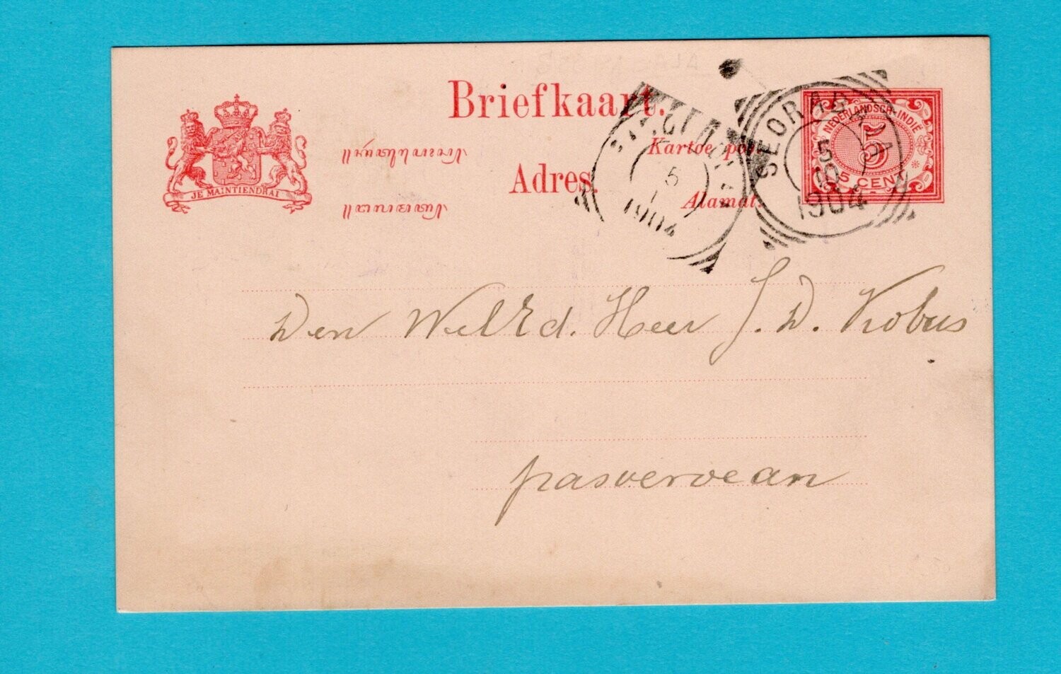 NETHERLANDS EAST INDIES postal card 1904 Seorabaja squared circle
