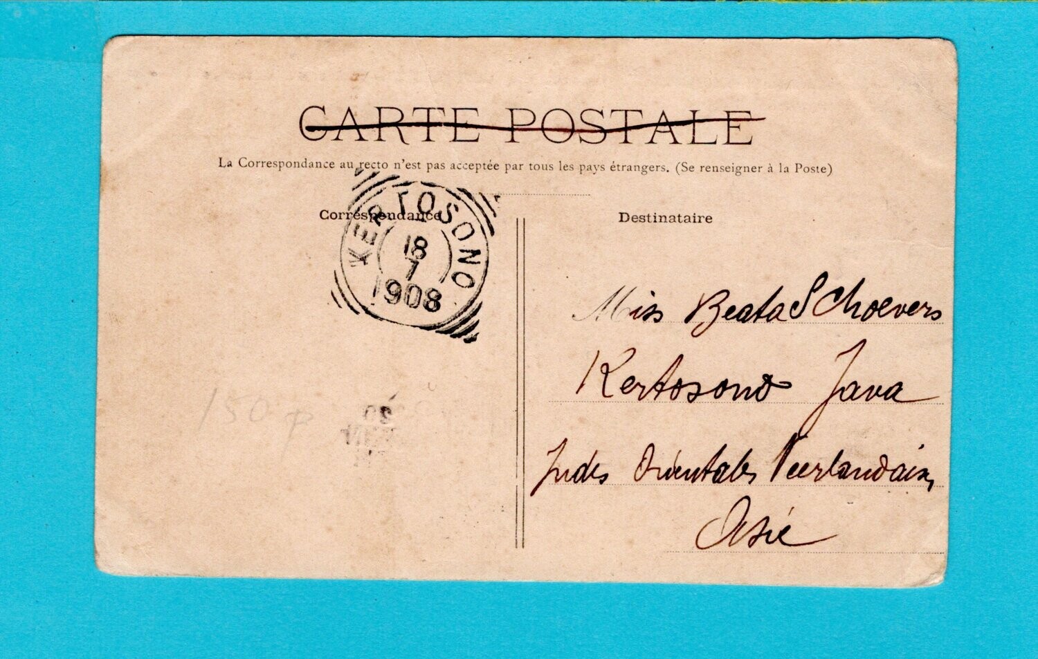 NETHERLANDS EAST INDIES PPC 1908 Kertosono receiver squared circle