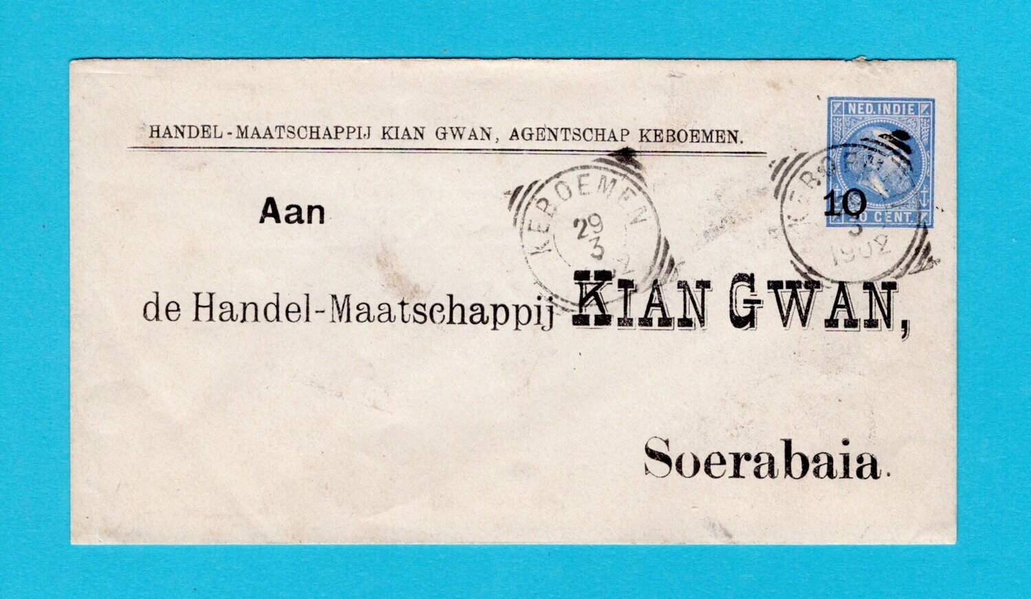 NETHERLANDS EAST INDIES envelope 1902 Keboemen squared circle
