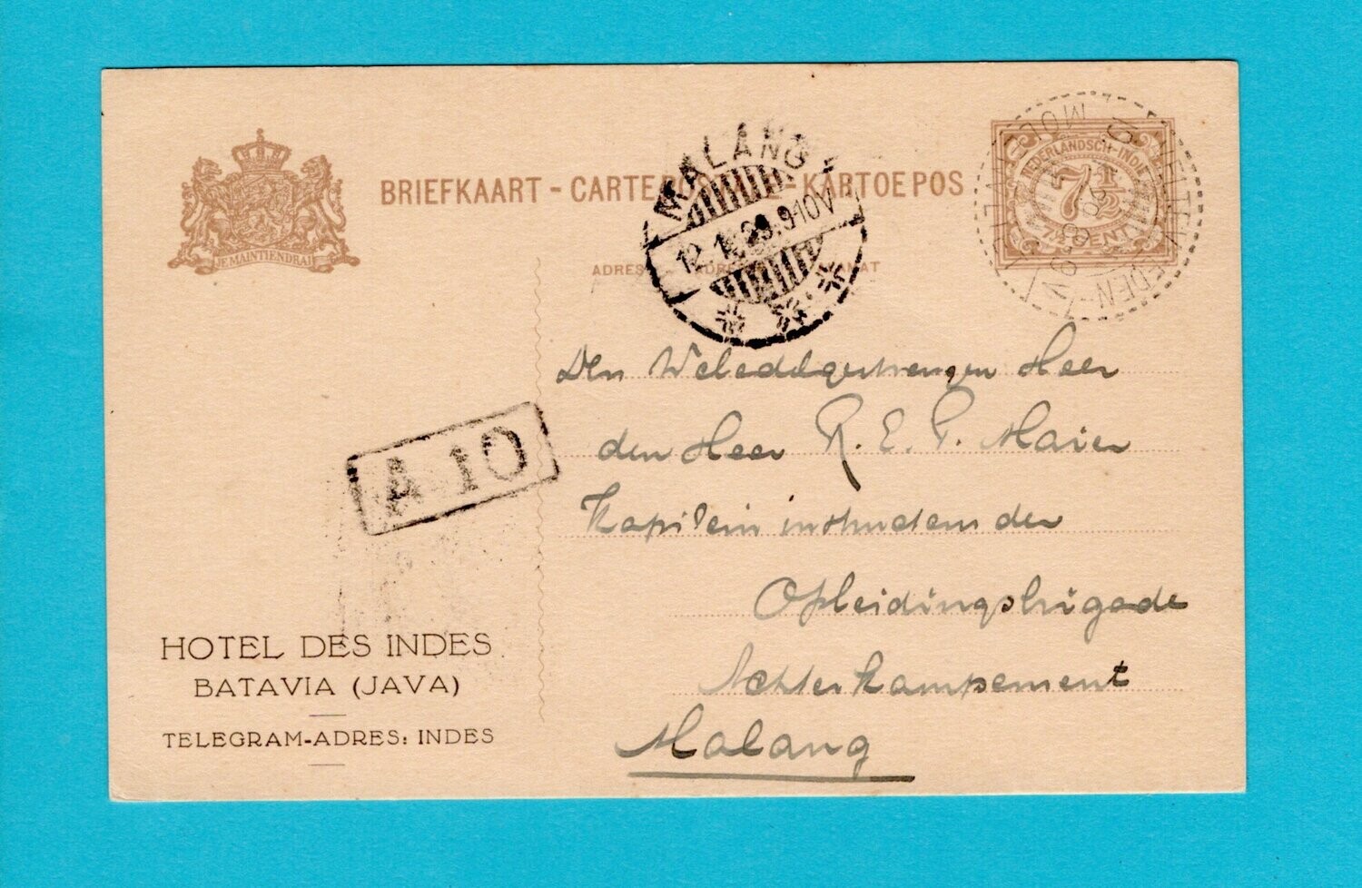 NETHERLANDS EAST INDIES postal card Hotel 1929 W-Molenvliet