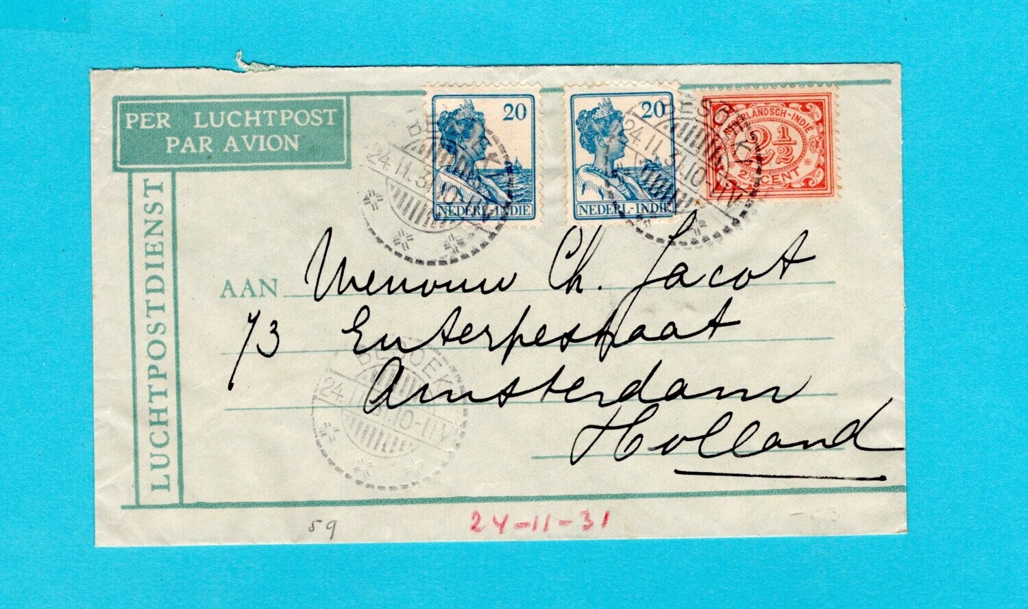 NETHERLANDS EAST INDIES air cover 1931 Besoeki to Netherlands