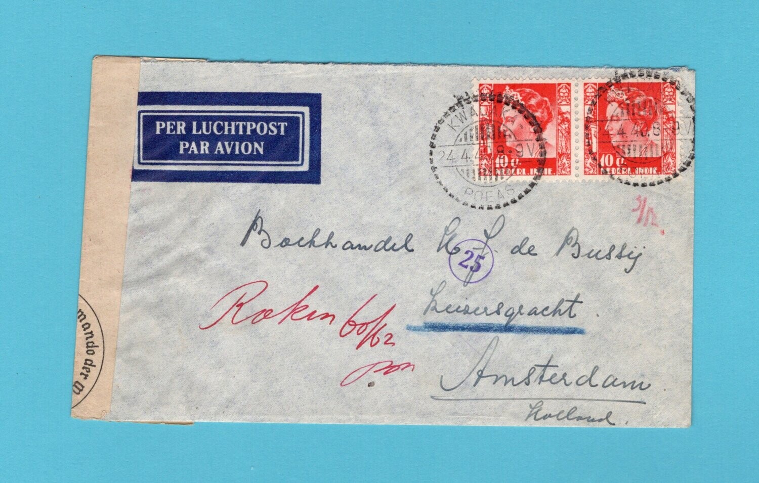 NETHERLANDS EAST INDIES censor cover 1940 Kwalaka Poeas